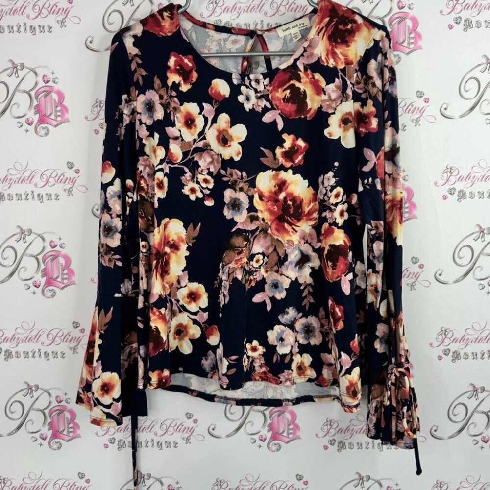 Faith and joy top long sleeve flare Floral Women's Top - Black and Multicolor
